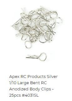 APEX RC PRODUCTS SILVER 1/10 LARGE BENT RC ANODIZED BODY CLIPS - 25PCS #4031SL