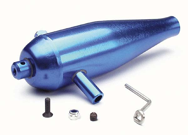 Discontinued - Aluminum tuned pipe for T-Maxx/ pipe hanger/ screws/ nuts (strong power across mid and upper RPM range) (blue-anodized). TRX 2.5 2.5R & 3.3 engines require pipe coupler (part 4941) to connect to stock rear exhaust header (header not include