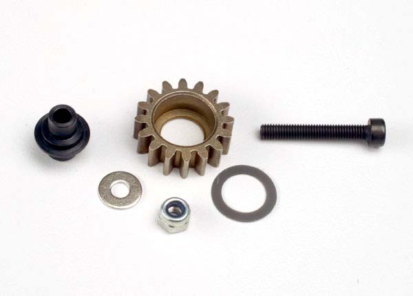 Idler gear steel (16-tooth)/ idler gear shaft/ 3x8mm flat metal washer/ 8x12x0.5mm PTFE-coated washer/ 3x6mm flat metal washer/ 3mm nylon locknut 3x20mm cap hex machine screw