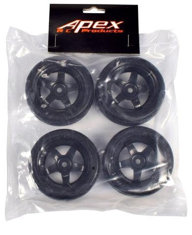 APEX RC PRODUCTS 1/10 ON-ROAD BLACK 5 SPOKE WHEELS & V TREAD RUBBER TIRE SET #5000