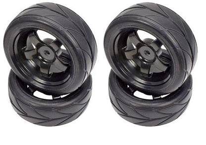 APEX RC PRODUCTS 1/10 ON-ROAD BLACK 5 SPOKE WHEELS & V TREAD RUBBER TIRE SET #5000