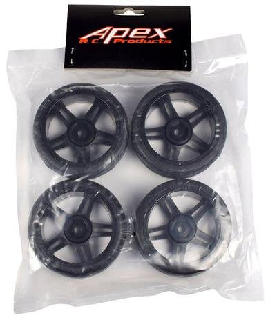APEX RC PRODUCTS 1/10 ON-ROAD BLACK SPLIT 5 SPOKE WHEELS & V TREAD RUBBER TIRE SET #5001