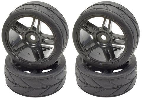 APEX RC PRODUCTS 1/10 ON-ROAD BLACK SPLIT 5 SPOKE WHEELS & V TREAD RUBBER TIRE SET #5001