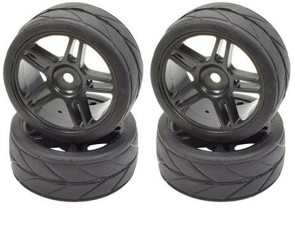 APEX RC PRODUCTS 1/10 ON-ROAD BLACK SPLIT 5 SPOKE WHEELS & V TREAD RUBBER TIRE SET #5001