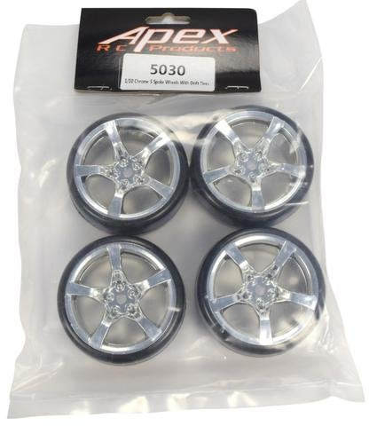 APEX RC PRODUCTS 1/10 ON-ROAD CHROME 5 SPOKE WHEELS & DRIFT TIRE SET #5030