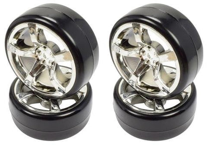 APEX RC PRODUCTS 1/10 ON-ROAD CHROME 5 SPOKE WHEELS & DRIFT TIRE SET #5030