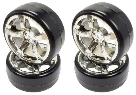 APEX RC PRODUCTS 1/10 ON-ROAD CHROME 5 SPOKE WHEELS & DRIFT TIRE SET #5030