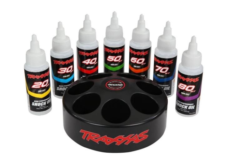 Shock oil set (includes 20 wt 30 wt 40 wt 50 wt 60 wt 70 wt & 80 wt premium shock oils with spinning carousel rack)