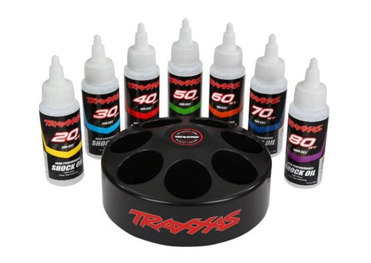 Shock oil set (includes 20 wt 30 wt 40 wt 50 wt 60 wt 70 wt & 80 wt premium shock oils with spinning carousel rack)