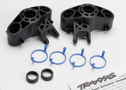 Axle carriers left & right (1 each) (use with larger 6x13mm ball bearings)/ bearing adapters (for 6x12mm ball bearings) (2)/ dust boot retainers (4)