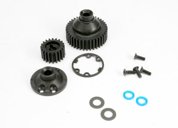 Gears differential 38-T (1)/ differential drive gear 20-T/ side cover plate (1)/ gasket (1)/ output gear seals (x-ring) (2)/ 2.5x8mmCCS (4)/ 5x10x.5mmTW (2)