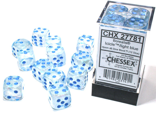 Borealis  16mm d6 Icicle/light blue Luminary  Dice Block  (12 dice)