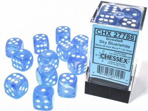 Borealis  16mm d6 Sky Blue/white Luminary  Dice Block  (12 dice)