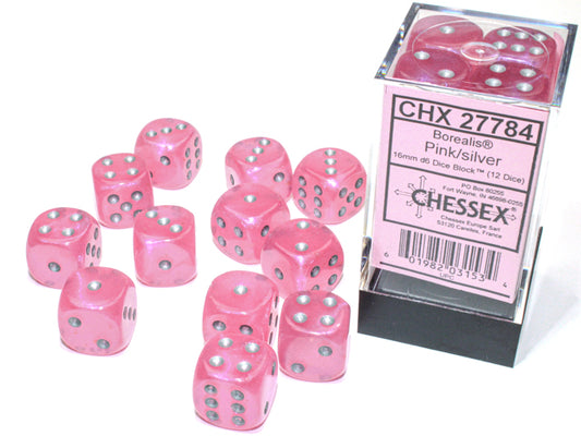 Borealis  16mm d6 Pink/silver Luminary  Dice Block  (12 dice)