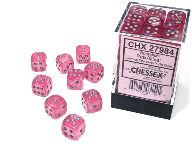Borealis  12mm d6 Pink/silver Luminary  Dice Block  (36 dice)