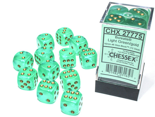Borealis  16mm d6 Light Green/gold Luminary  Dice Block  (12 dice)