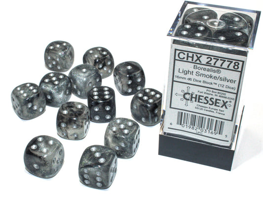Borealis  16mm d6 Light Smoke/silver Luminary  Dice Block  (12 dice)