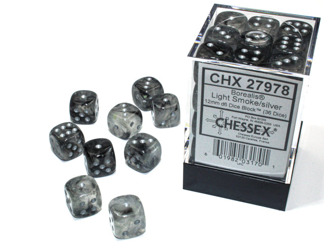 Borealis  12mm d6 Light Smoke/silver Luminary  Dice Block  (36 dice)