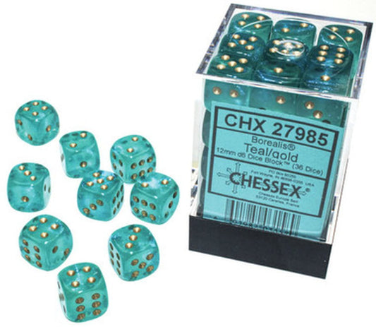 Borealis  12mm d6 Teal/gold Luminary  Dice Block  (36 dice)