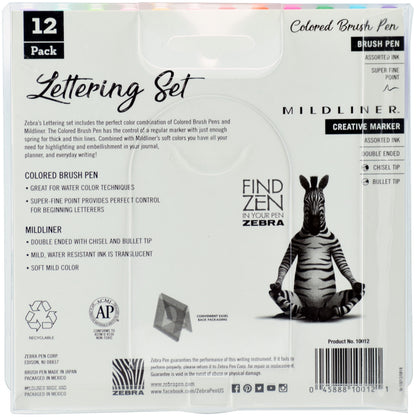 Zebra Mildliner Lettering Set 12/Pkg-Assorted Colors & Styles