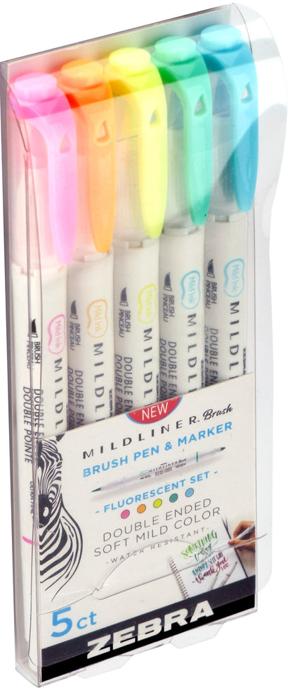 Zebra Mildliner Double Ended Brush Pen & Marker 5/Pkg-Fluorescent