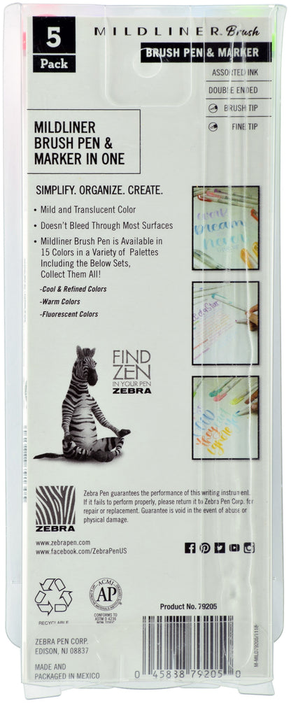 Zebra Mildliner Double Ended Brush Pen & Marker 5/Pkg-Cool & Refined