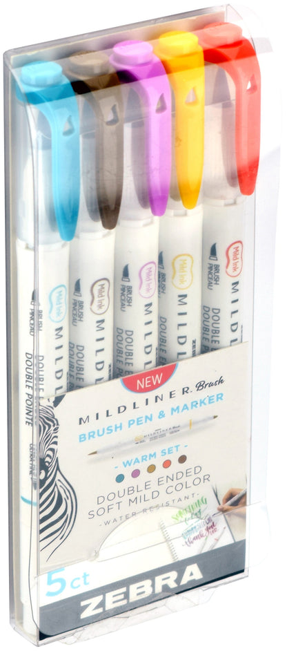 Zebra Mildliner Double Ended Brush Pen & Marker 5/Pkg-Warm
