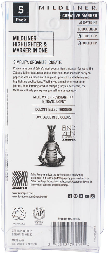 Zebra Mildliner Double Ended Marker Bold & Fine Point 5/Pkg-Fluorescent