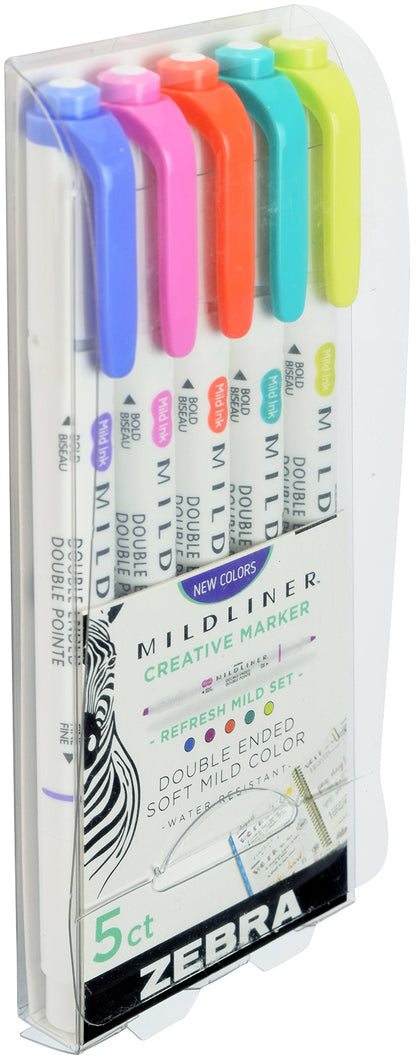Zebra Mildliner Double Ended Marker Bold & Fine Point 5/Pkg-Refresh Mild