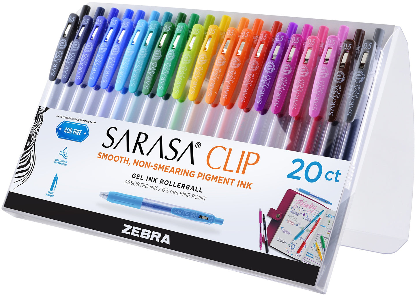 Zebra Sarasa Clip 0.5mm Fine Point Gel Ink Pens 20/Pkg-Assorted Colors