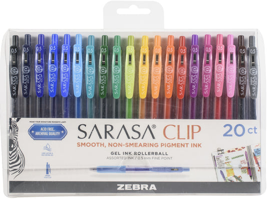 Zebra Sarasa Clip 0.5mm Fine Point Gel Ink Pens 20/Pkg-Assorted Colors