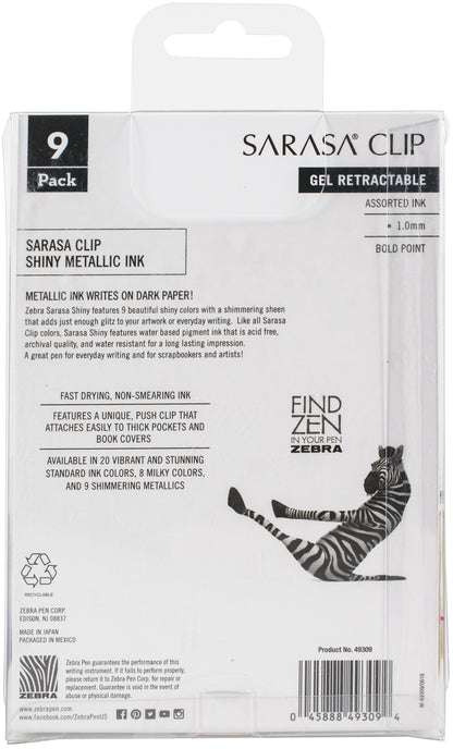 Zebra Sarasa Clip 1.Omm Bold Point Gel Ink Pens 9/Pkg-Shiny -Assorted Colors
