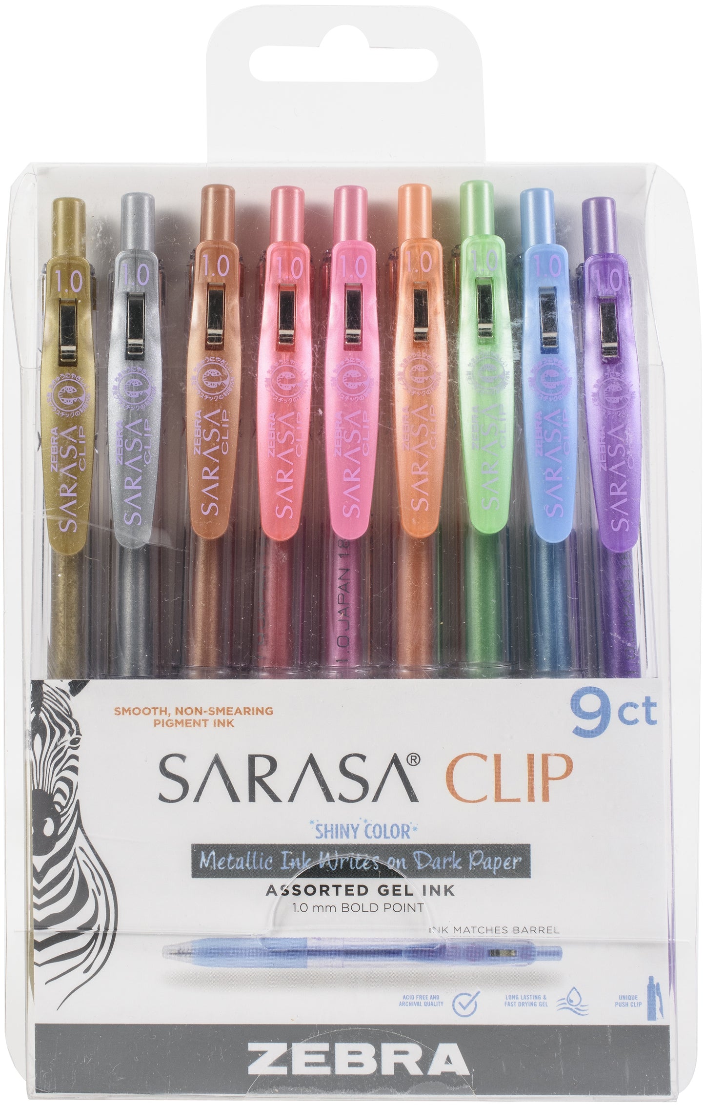 Zebra Sarasa Clip 1.Omm Bold Point Gel Ink Pens 9/Pkg-Shiny -Assorted Colors