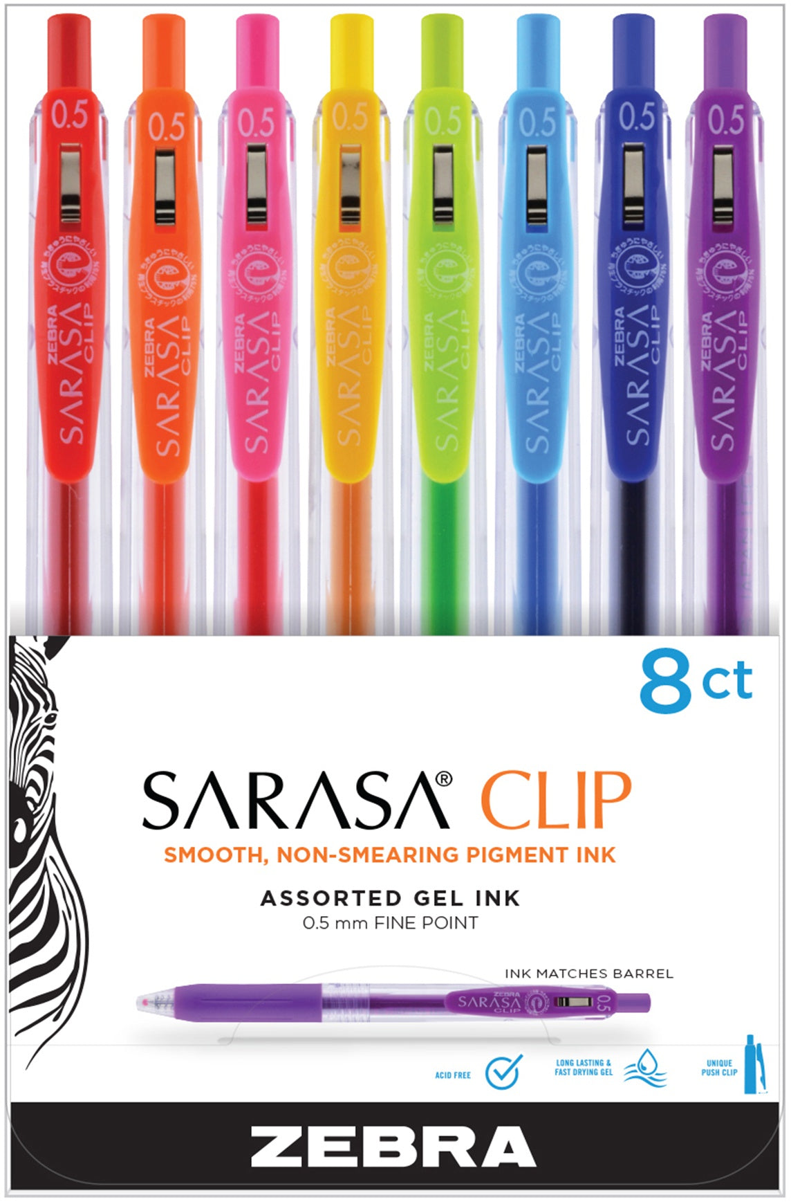 Zebra Sarasa Clip 0.5mm Fine Point Gel Ink Pens 8/Pkg-Brights -Assorted Colors