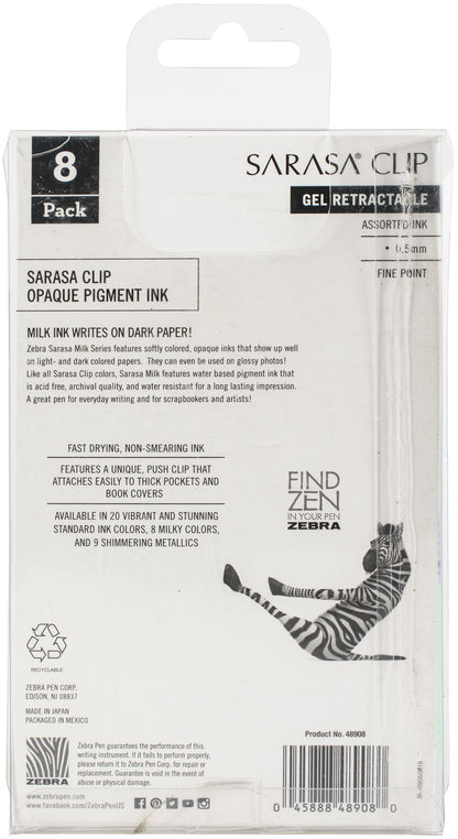 Zebra Sarasa Clip 0.5mm Fine Point Gel Ink Pens 8/Pkg-Milky -Assorted Colors