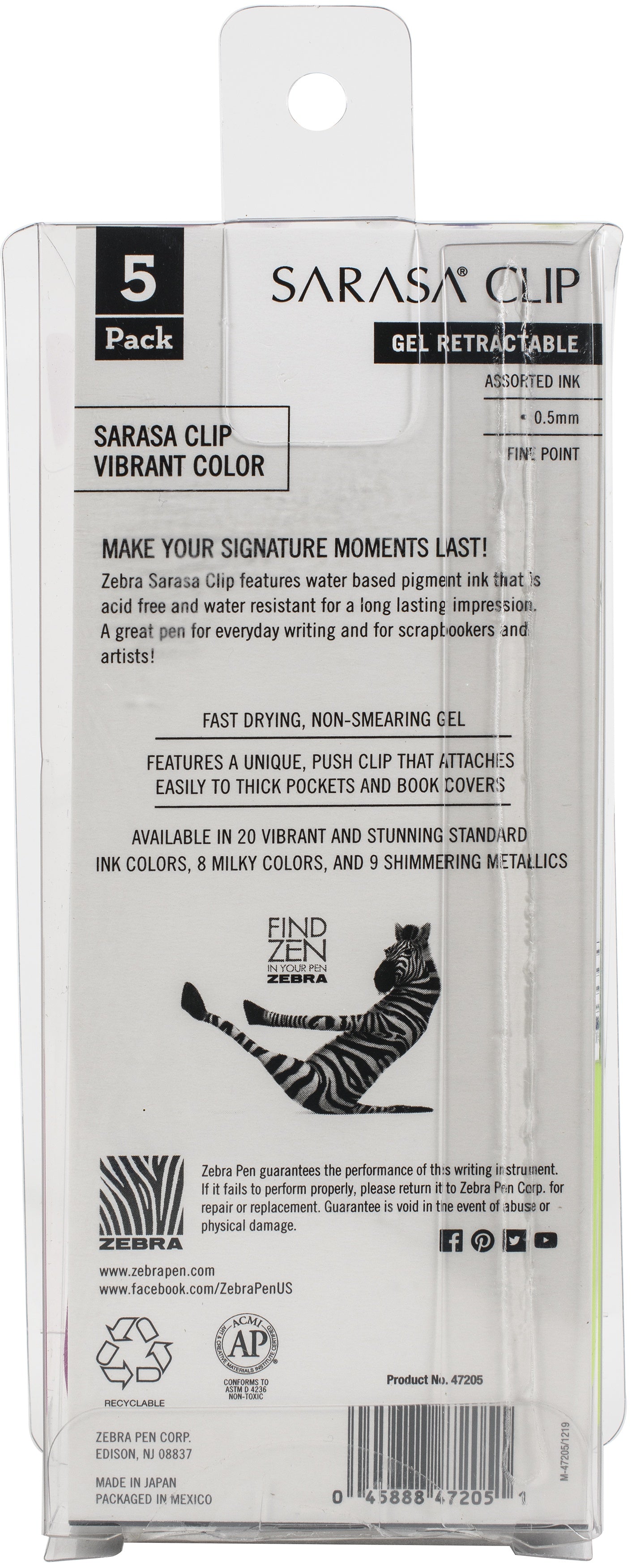 Zebra Sarasa Clip 0.5mm Fine Point Gel Ink Pens 5/Pkg-Cool & Refined -Assorted Colors