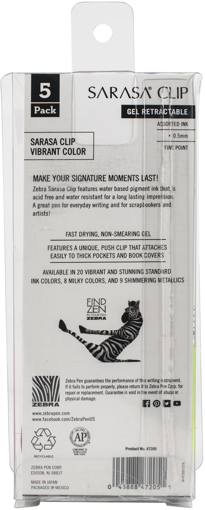 Zebra Sarasa Clip 0.5mm Fine Point Gel Ink Pens 5/Pkg-Cool & Refined -Assorted Colors
