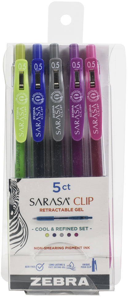 Zebra Sarasa Clip 0.5mm Fine Point Gel Ink Pens 5/Pkg-Cool & Refined -Assorted Colors