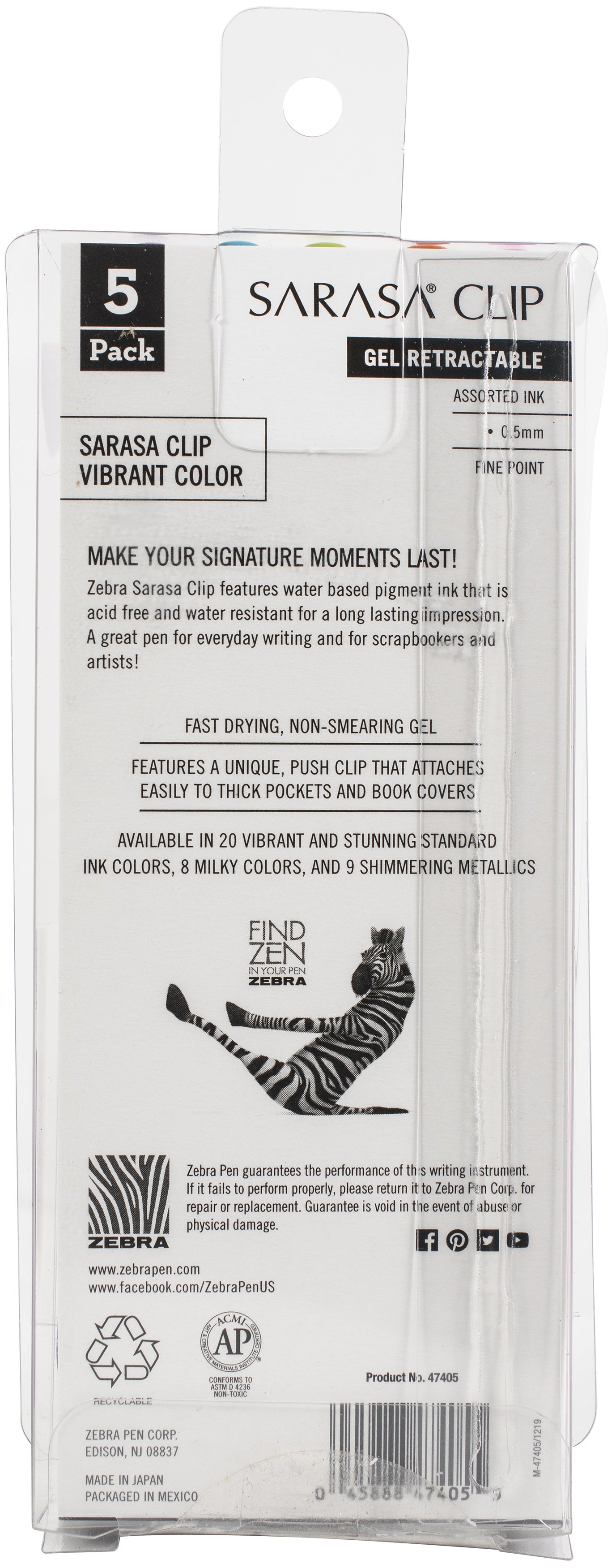 Zebra Sarasa Clip 0.5mm Fine Point Gel Ink Pens 5/Pkg-Refresh -Assorted Colors