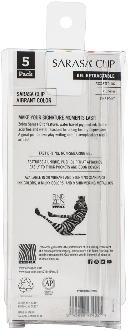 Zebra Sarasa Clip 0.5mm Fine Point Gel Ink Pens 5/Pkg-Refresh -Assorted Colors