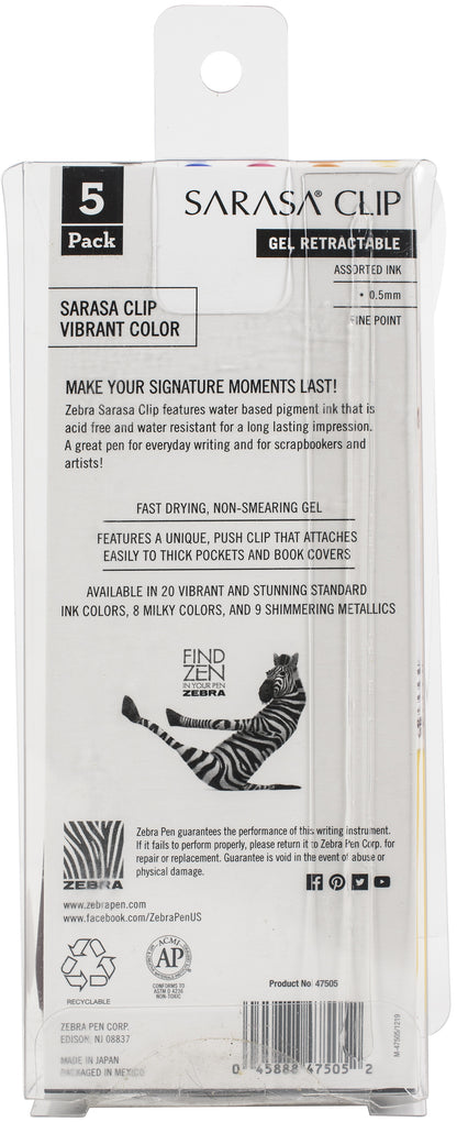 Zebra Sarasa Clip 0.5mm Fine Point Gel Ink Pens 5/Pkg-Friendly -Assorted Colors