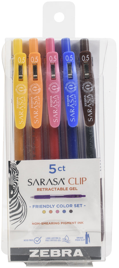 Zebra Sarasa Clip 0.5mm Fine Point Gel Ink Pens 5/Pkg-Friendly -Assorted Colors