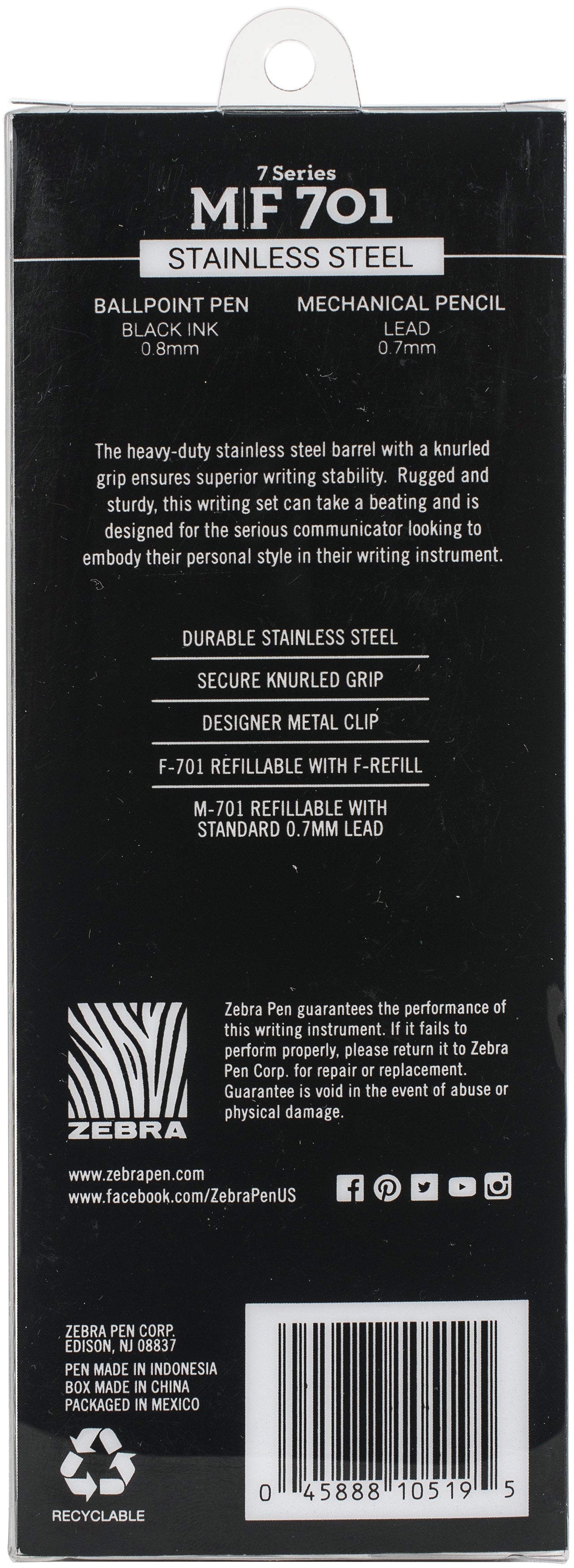 Zebra M/F 701 Stainless Steel Pen & Pencil Gift Set 2/Pkg-Pen 0.8mm & Mechanical Pencil 0.7mm