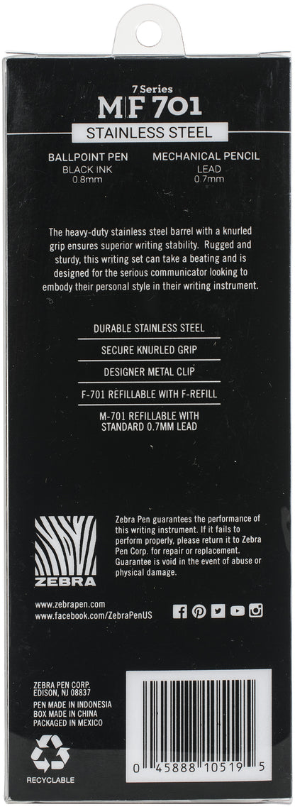 Zebra M/F 701 Stainless Steel Pen & Pencil Gift Set 2/Pkg-Pen 0.8mm & Mechanical Pencil 0.7mm