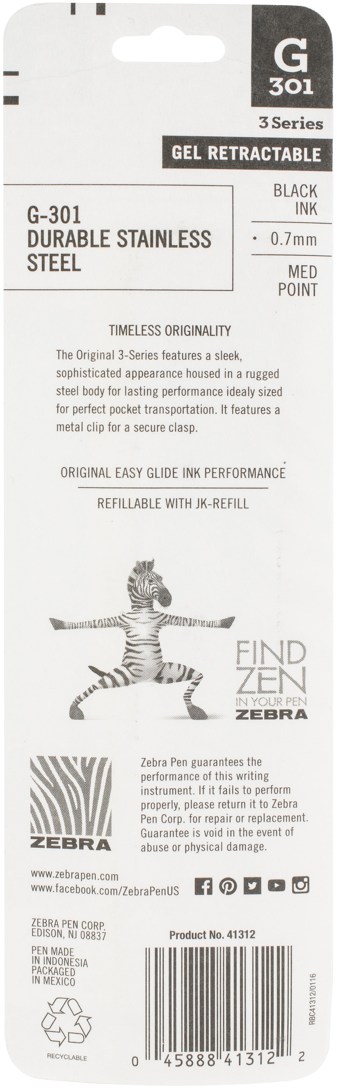 Zebra G301 Stainless Steel Gel Retractable Pens .7mm 2/Pkg-Medium Point, Black Ink