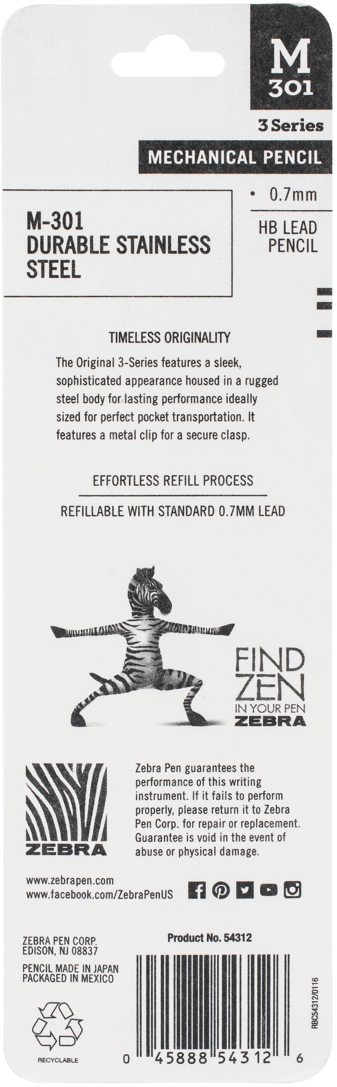 Zebra M301 Stainless Steel Mechanical Pencil 2/Pkg-0.7mm