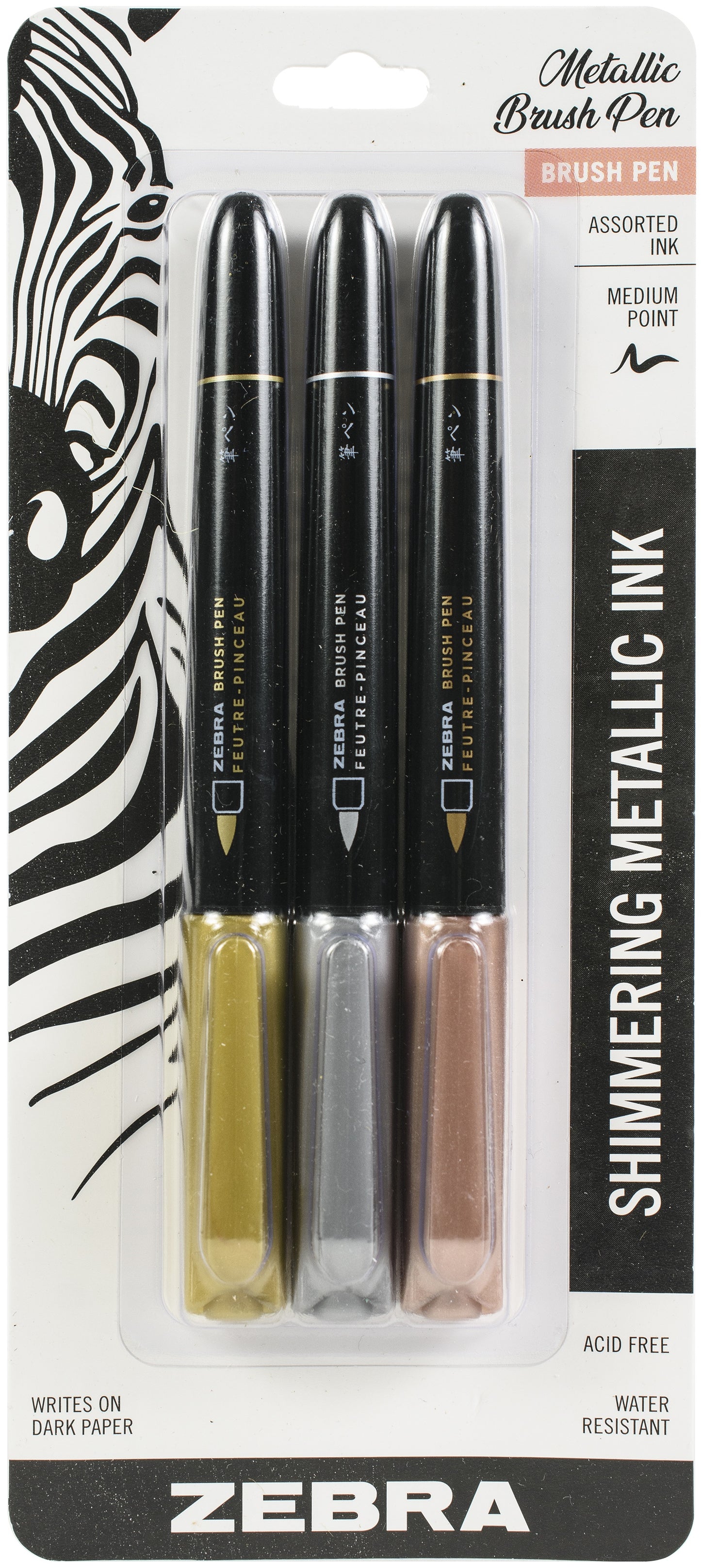 Zebra Metallic Brush Pen Set 3/Pkg-Assorted Colors