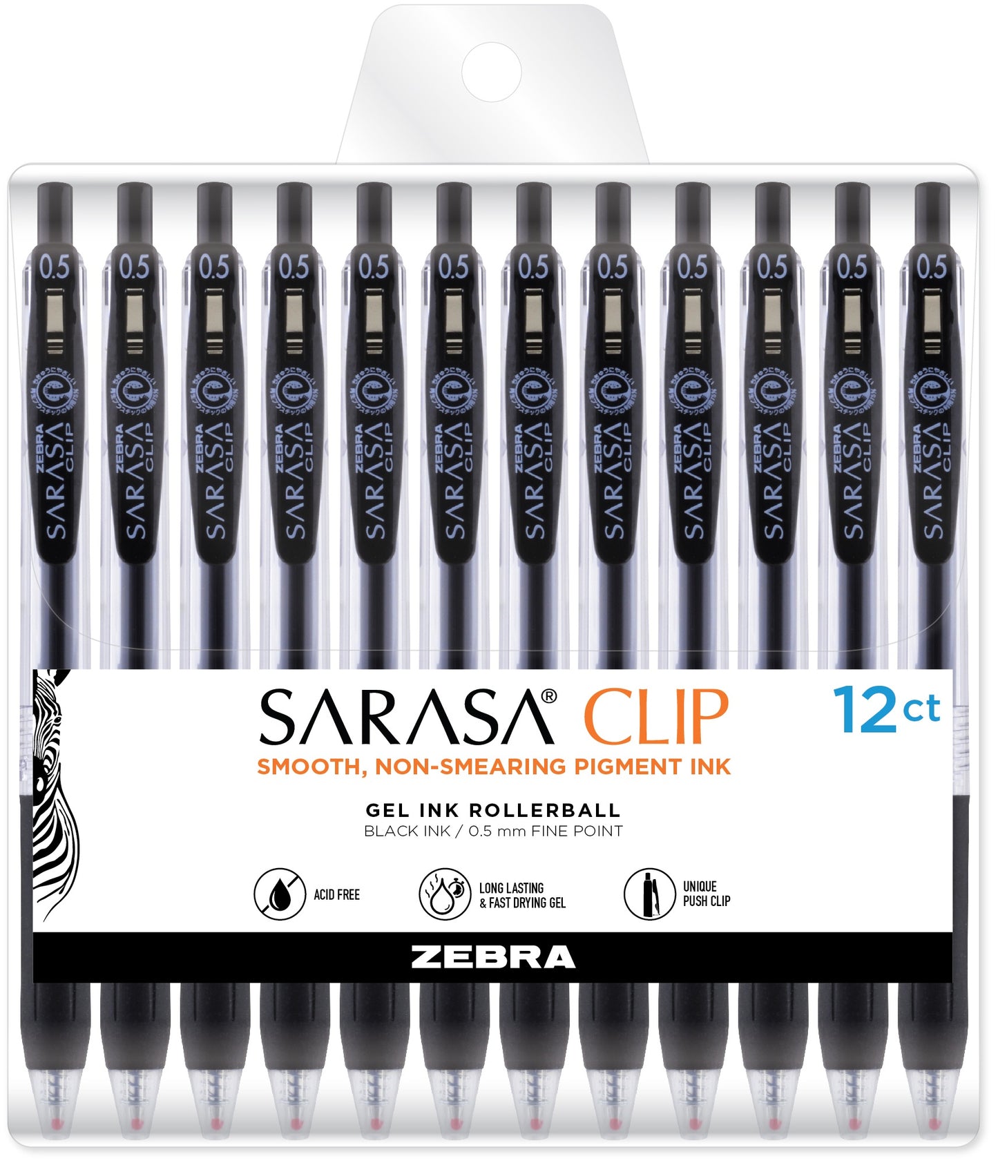 Zebra Sarasa Clip 0.5mm Fine Point Gel Ink Pens 12/Pkg-Black
