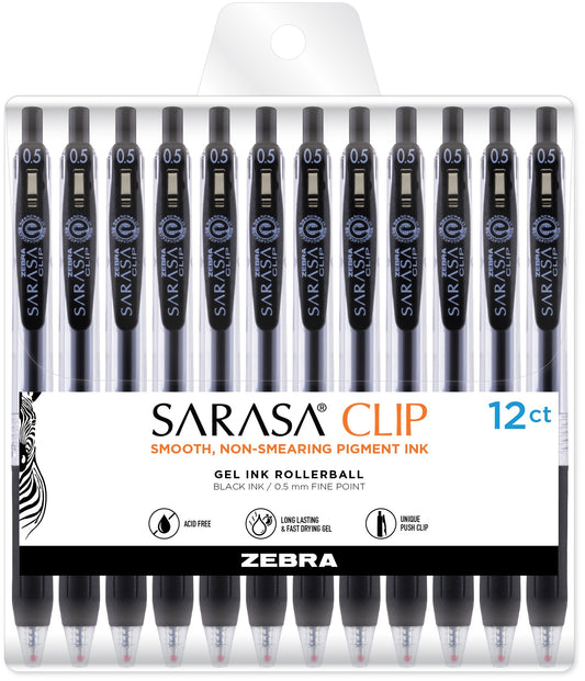 Zebra Sarasa Clip 0.5mm Fine Point Gel Ink Pens 12/Pkg-Black