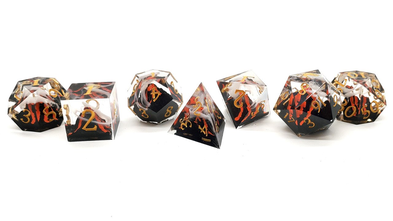 Old School 7 Piece DnD RPG Dice Set: Sharp Edged - Lava Flow Red